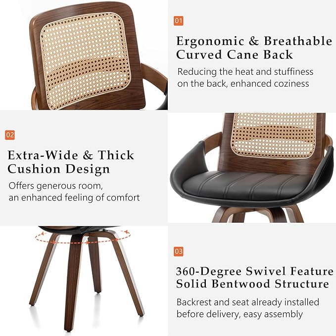 Set of 2 Kitchen & Dining Room Chairs - Swivel Dining Chairs with Cane Back, Walnut Bentwood Frame, Faux Leather Seat, Arms, Versatile for Conference/Kitchen/Restaurant/Living Room (Walnut Black)