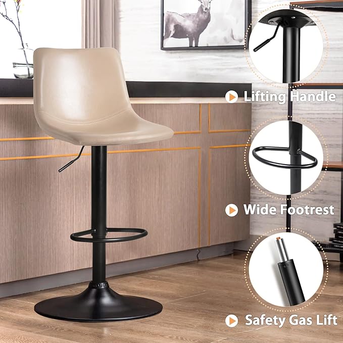 LEMBERI Bar Stools Set of 2, Modern Adjustable Swivel Bar Barstools Counter Height with Backrest, Faux Leather Upholstered Bar Chair for Kitchen Island, Beige