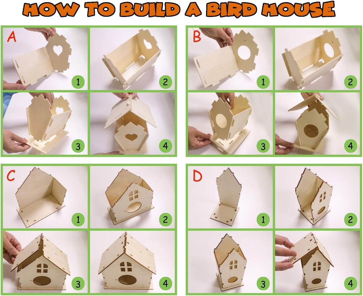 hapray 4 Pack Bird House Crafts for Kids Ages 5-8 8-12, Buildable DIY Birdhouse Kit for Children to Build, Summer Arts and Craft Projects with Paint, 3+ Boy Girl Gift for Halloween Christmas