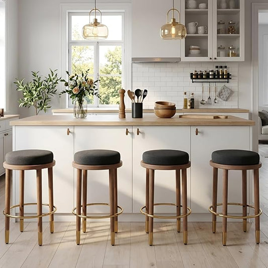 26’’ Rustic Backless Bar Stools with Hardwood Legs, Counter Height Stools Set of 4, Round Kitchen Barstools for Kitchen Island, Farmhouse Charcoal Linen Upholstered Wooden Stools with Footrest