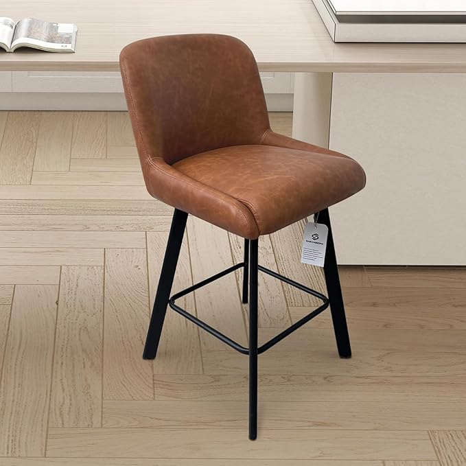 Swivel Bar Stools Set of 4, 26''H Upholstered Barstools with Backs, Modern Counter Height Bar Stool Chairs for Kitchen Island, Metal Legs, Faux Leather, Brown Counter Stools