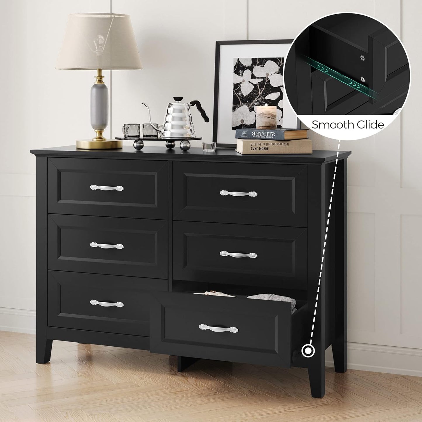 LINSY HOME Farmhouse 6 Drawers Dresser Chests for Bedroom, Wood Dresser Wide Chest of Drawers, Storage Dressers Organizer for Bedroom, Living Room,Hallway, SGS Certified