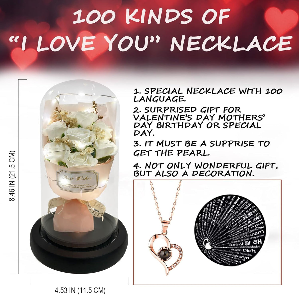 Gift for Her Forever Flower Bouquet for Delivery Prime Preserved White Roses Glass Dome LED Light 100 Languages I LOVE YOU Necklace Mothers Day Birthday Romantic Valentines Gift for Wife Women Mom