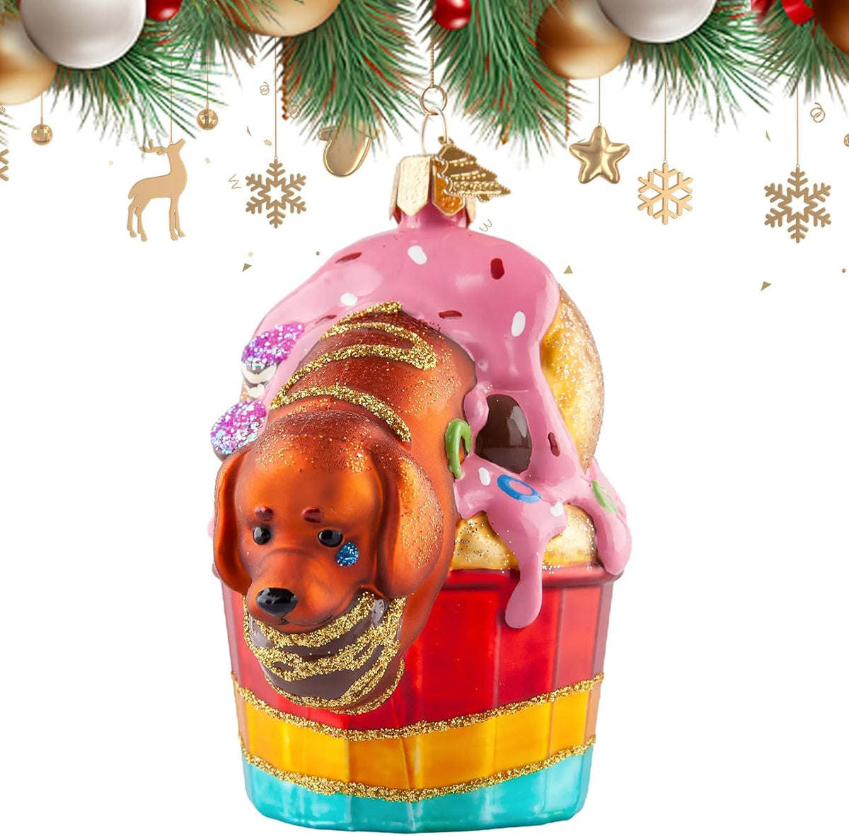 Dog Christmas Tree Ornaments,Hand-Blown Glass Ornaments,Cupcake Collection Figurine Hanging Ornaments,Dachshund Dog Christmas Ornament for Animal Lovers Party Holiday Home Decorations Gifts
