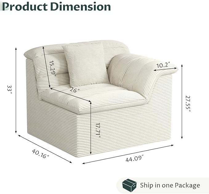 44" Cloud Sectional Couch with Single Arm, Modern Compressed Sofa, Comfy Sleeper Sofa, Corduroy Upholstered Couches for Small Space/Apartment, No Assembly Required, Beige, Right Side