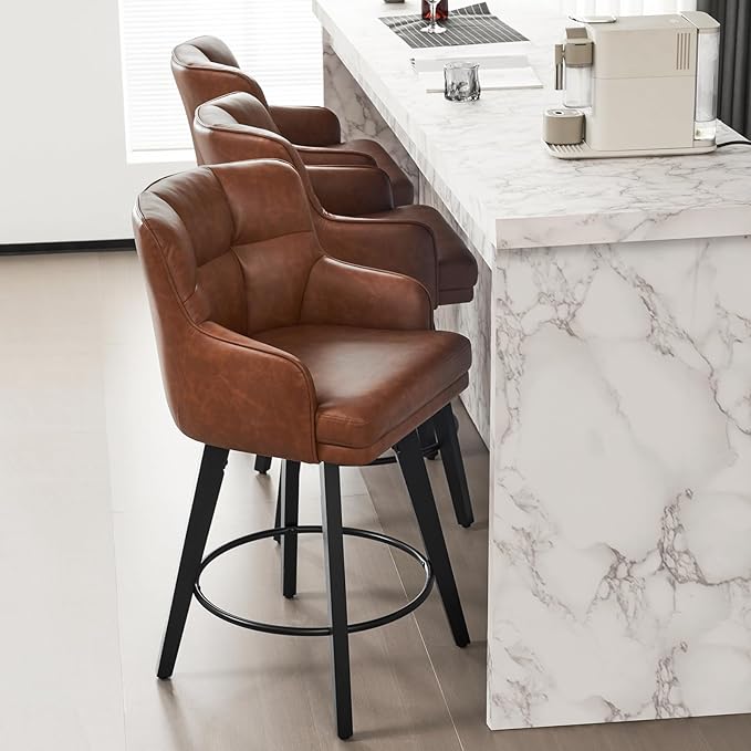 360°Swivel Counter Height Bar Stools with Back, 26 inch Solid Wood Legs, Bar Stool Modern Kitchen Island Chairs, Faux Leather (Brown- Faux Leather, 26" H- Set of 3)