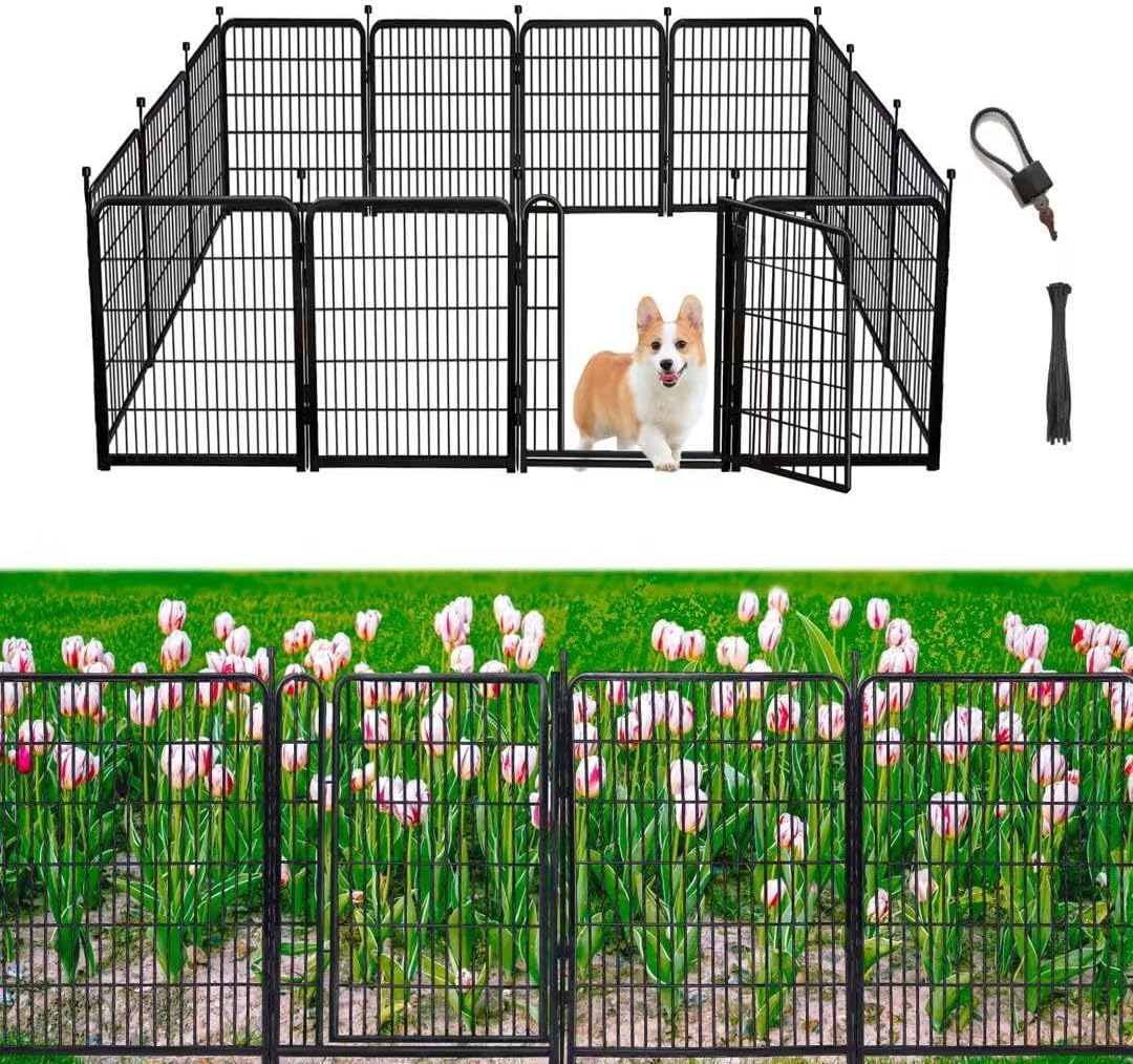 Tall Garden Fences and Borders for Dogs, 4.6ft High Dog Fence, 10 Panels Total 22.1Ft Long, Gate 21 inches Wide with Low Sills, Animal Barrier Fence, Metal Fence Panels, Flower Bed Fencing