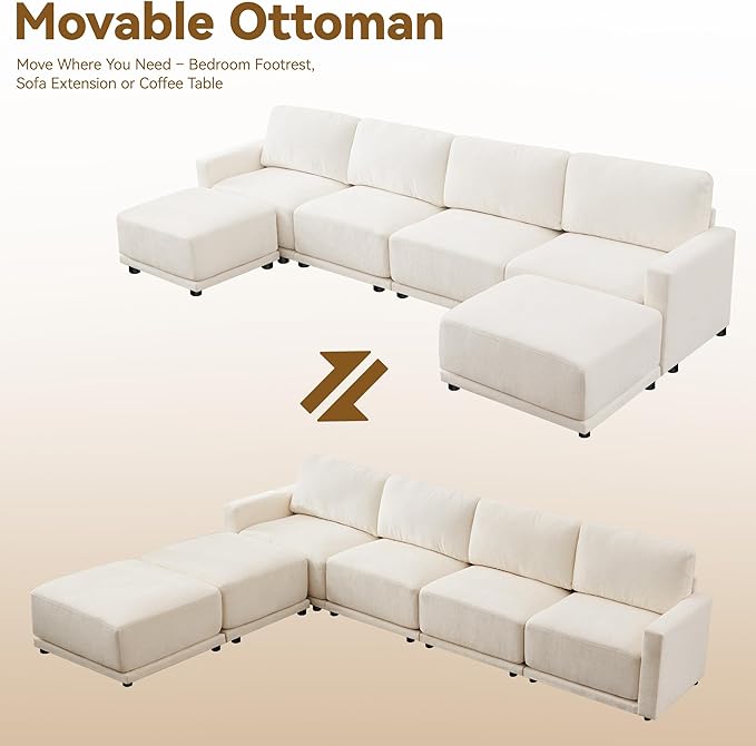 143.8" Modular Sectional Sofa Modern Chenille U-Shaped Couch with Thickened Seat Cushions, Easy Assembly, Upholstered 6 Seater Couch with 2 Movable Ottomans for Living Room, White
