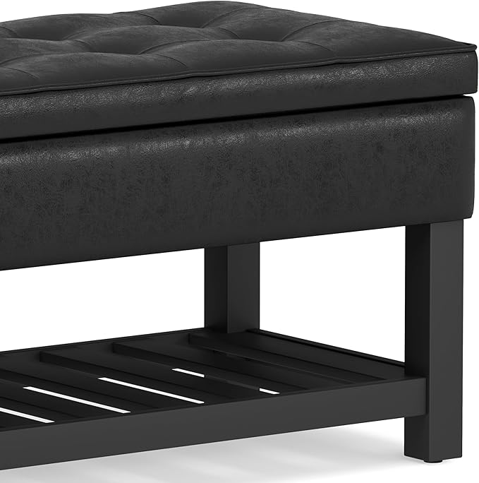 SIMPLIHOME Cosmopolitan Storage Ottoman Bench - 44 inch Wide Upholstered Vegan Leather Rectangle Storage Ottoman in Distressed Black, Transitional Bench for Bedroom with Tufted Lift-Top and Open Shelf