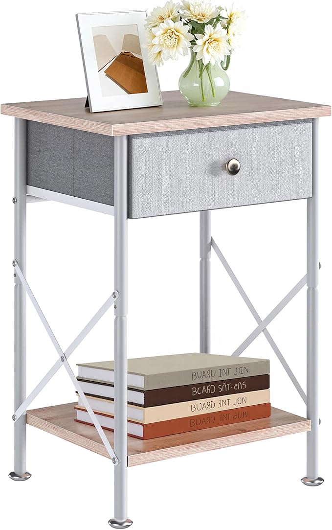 VECELO End Tables, Modern Nightstand with Fabric Drawer & Open Shelf, Night Stand for Bedroom Living Room, Industrial Metal Frame, Easy Assembly, Light Brown,1 Pack