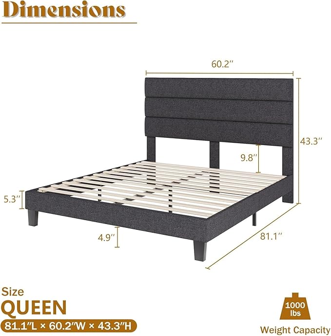 AMERLIFE Queen Size Bed Frame with Linen Upholstered Headboard, Modern Platform Bed with Wooden Slats Support, Noise-Free, No Box Spring Needed, Easy Assembly, Grey