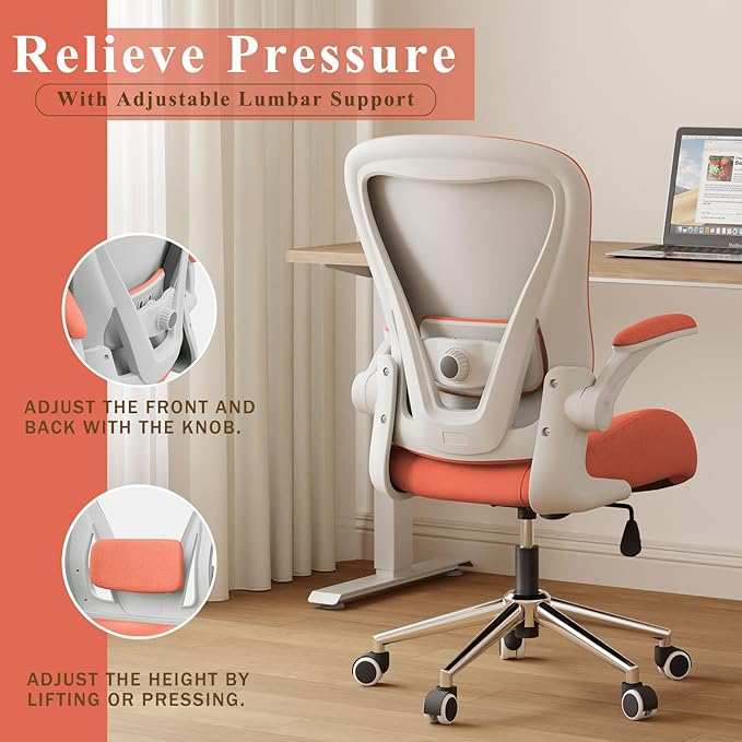Orange Ergonomic Office Desk Chair, Soft Fabric Thickened Curved seat Cushion with Adjustable Lumbar Support, Perfect Blend of Comfort and Good Looks, Ideal Chair for Home or Office, Orange