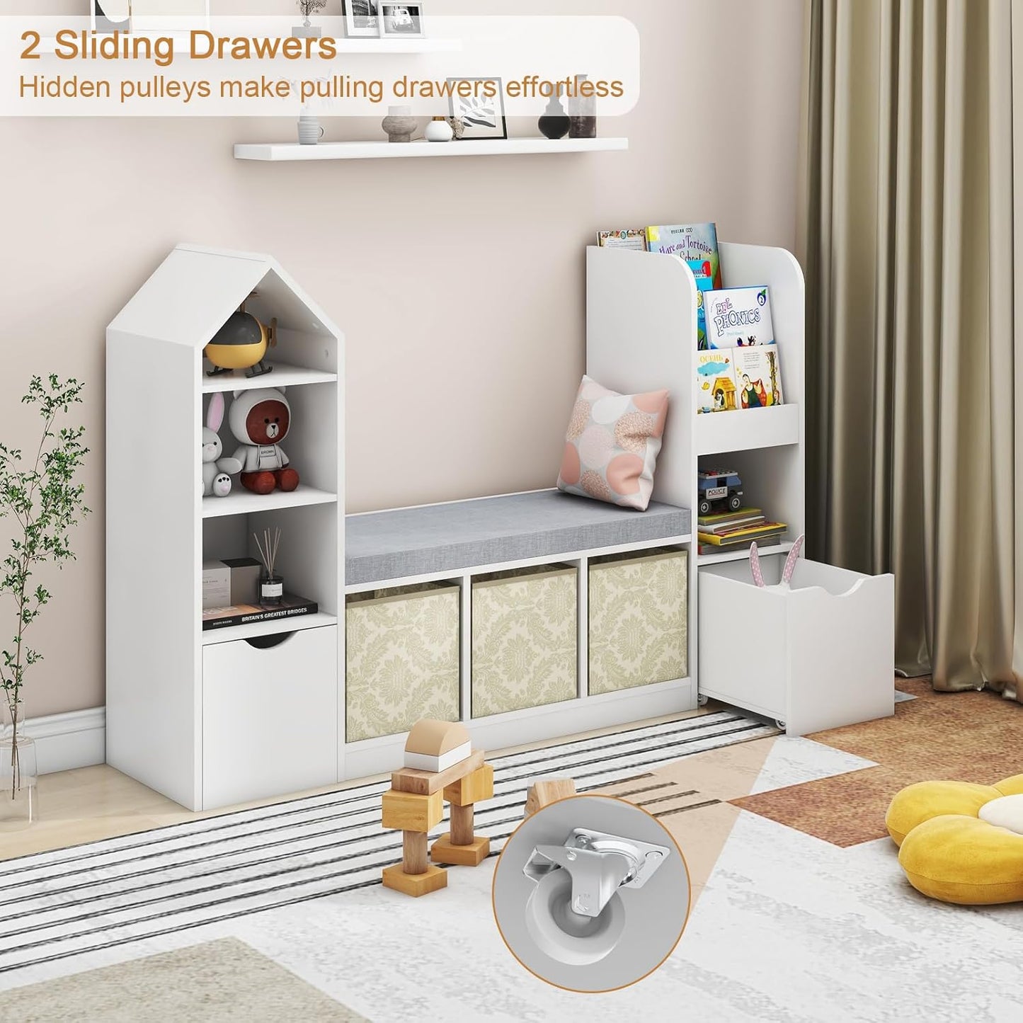 Vabches Kids Bookcase and Bookshelf with Reading Nook, Multifunctional Bookcase with 7 Storage Cubbies 2 Movable Drawers, Bookcases with Seat Cushion for Toy Storage Organizer Children's Room, Bedroom