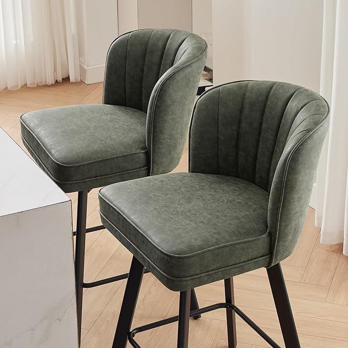 Swivel Counter Height Bar Stools Set of 2, 30'' Modern Barstools with Backs and Metal Legs, Upholstered Bar Chairs, Faux Leather Green Stools for Kitchen Island Chairs