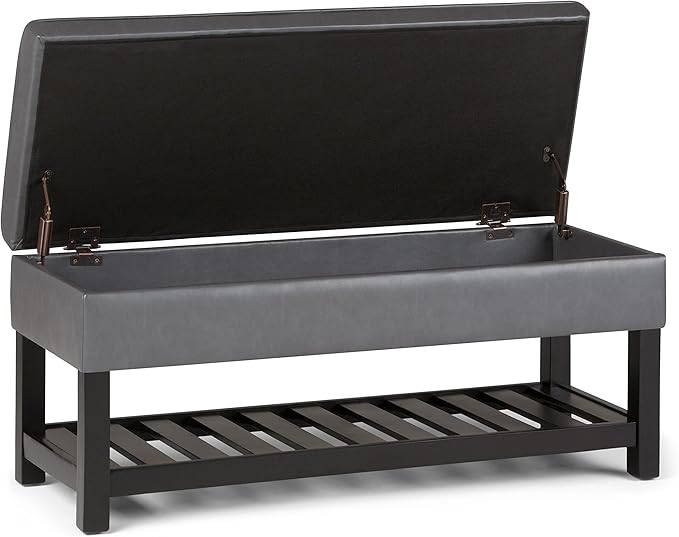 SIMPLIHOME Cosmopolitan Storage Ottoman Bench - 44 inch Wide Upholstered Vegan Leather Rectangle Storage Ottoman in Stone Grey, Transitional Bench for Bedroom with Tufted Lift-Top and Open Shelf