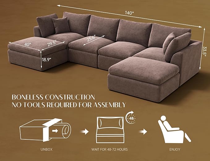 Oversized Cloud Sectional Couches for Living Room, Boneless U Shaped Couch with Ottoman, 4 Seater Modular Sectional Sofa, Brown