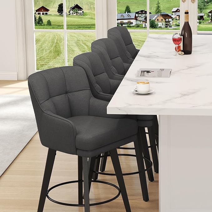 360°Swivel Counter Height Bar Stools with Back, 26 inch Solid Wood Legs, Bar Stool Modern Kitchen Island Chairs, Fabric (Black Grey- Fabric, 26" H- Set of 1)