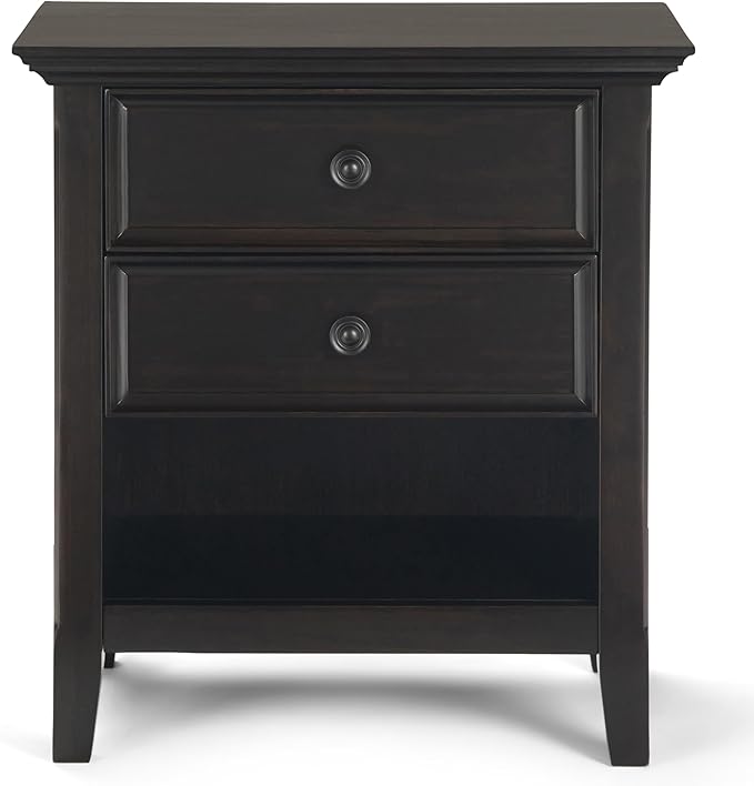 SIMPLIHOME Amherst Bedside Table - 24 inch Wide Solid Wood Nightstand Table in Hickory Brown, Transitional Bedroom Side or End Table with 2 Drawers, Open Storage Shelf and Bronze Hardware