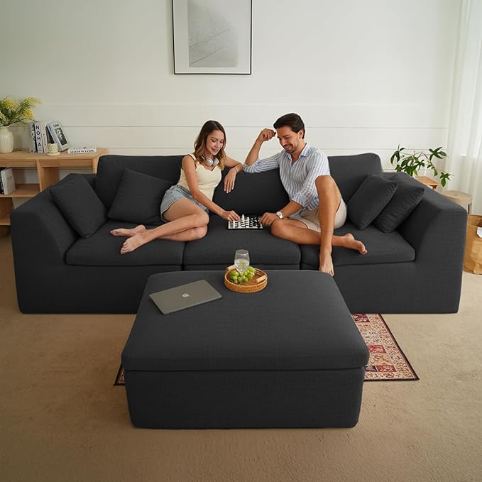 115" Cloud Boneless Sectional Couch, Deep Seat L Shaped Modular Couch with Ottoman, Oversized Upholstered Convertible 4 Seater Modular Sofa for Living Room,Black Chenille