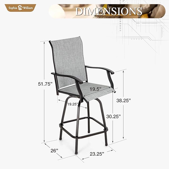 Sophia & William Swivel Bar Stools Set of 4, Bar Height Chairs, Outdoor Bar Chairs, High Top Patio Chairs, Supports 300 lbs (Grey Fabric)