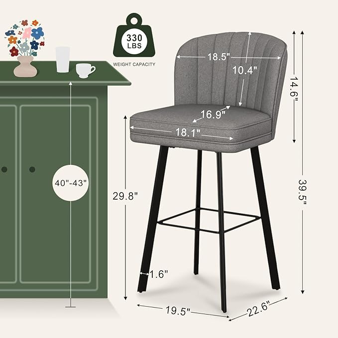 Swivel Counter Height Bar Stools Set of 3, 30'' Modern Barstools with Backs and Metal Legs, Upholstered Bar Chairs,Mid-Gray,Fabric Stools for Kitchen Island Chairs
