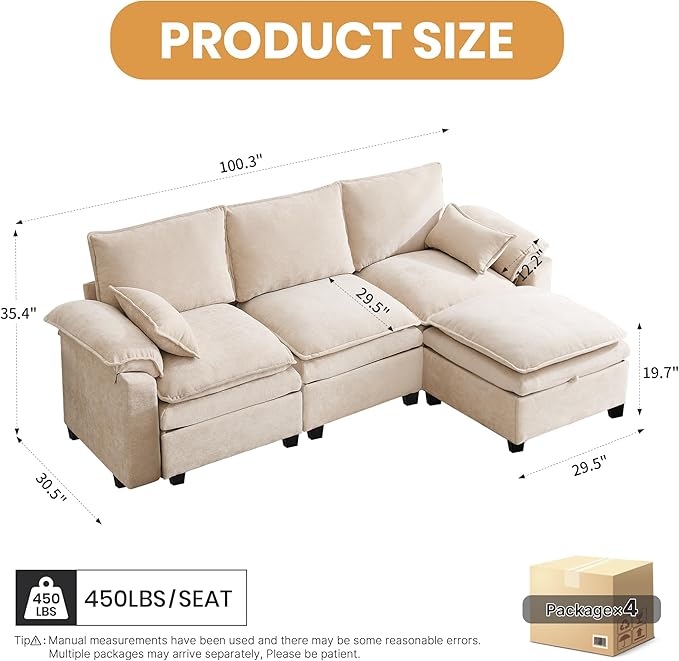 100" L Shaped Modular Sectional Sofa, Couch with Ottoman Storage, Chenille Cloud Couch with Plush Deep Seating for Living Room, Bedroom (Beige, 4 Seat)