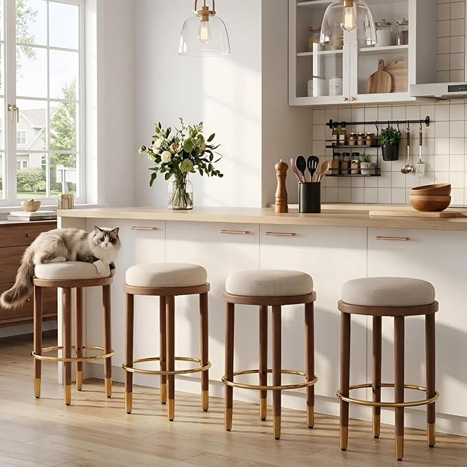 26’’ Rustic Backless Bar Stools with Metal Gold Footrest Counter Height Barstools Set of 2 Modern Round Farmhouse Beige Linen Upholstered Wooden Stools with Natural Solid Wood Legs for Kitchen Island