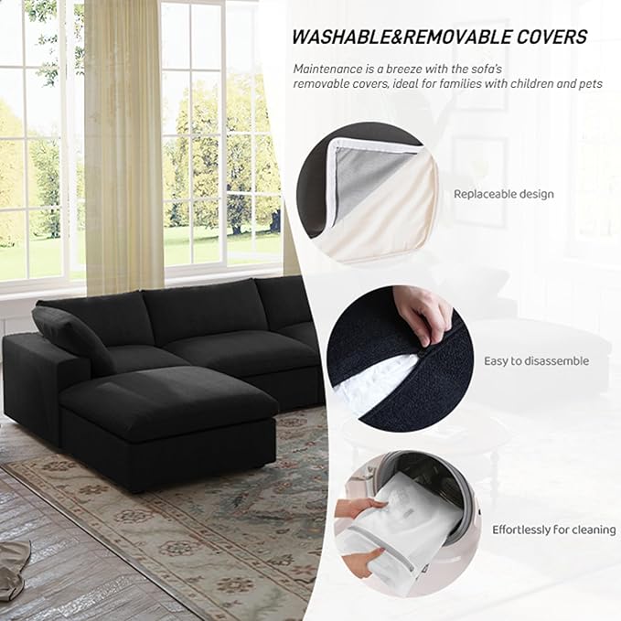Cloud Modular Sectional Sofa for Livingroom,Large Down Filled Comfort Corner Sectional Sofa Couch Wide Deep Seat Convertible Couches for Office Apartment,V Shaped,Black