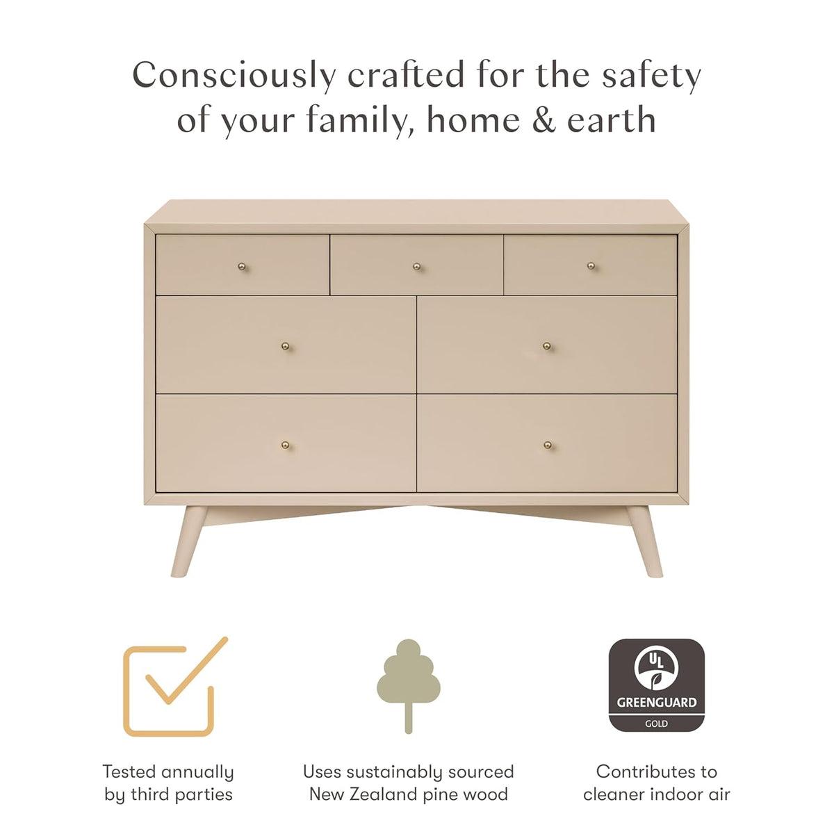 babyletto Palma 7-Drawer Assembled Double Dresser in Taupe, Greenguard Gold Certified
