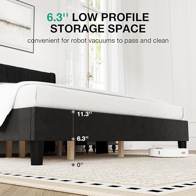 Novilla King Bed Frame, King Bed Frame with Headboard, Velvet Upholstered Pull-Point Wing Side Headboard, No Box Spring Needed, Heavy Duty Feet, Easy Assembly, Black Velvet