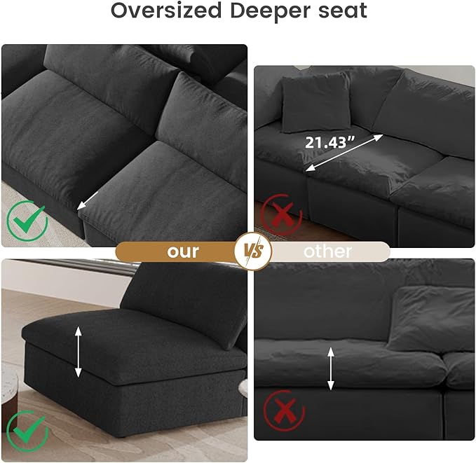 Cloud Couch Modular Sectional Sofa with Storage Ottoman,L Shaped Couch for Living Room,120.45inch Down Filled 4 Seater Black Convertible Sectional Sofas,Covers Washable&Replaceable