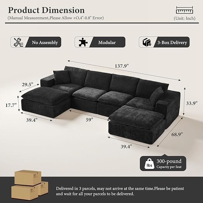 108" Sectional Couches for Living Room Boneless Couch Upholstered Cloud Couch Sectional Modular Sectional Sofa with L Shaped (Chenille-Black, 4 Seat+2 Ottoman)
