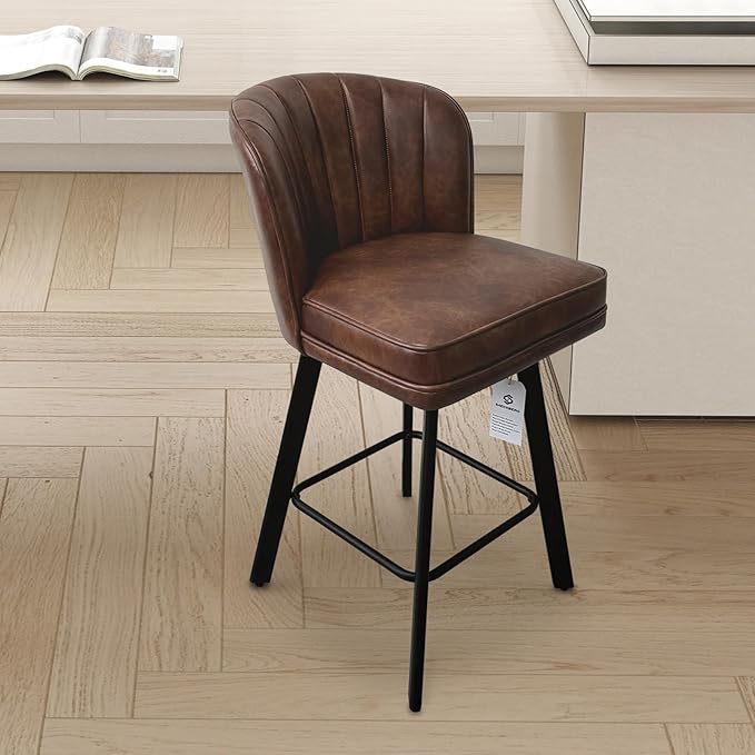 Swivel Counter Height Bar Stools Set of 3, 26'' Modern Barstools with Backs and Metal Legs, Upholstered Bar Chairs, Faux Leather Brown Stools for Kitchen Island Chairs