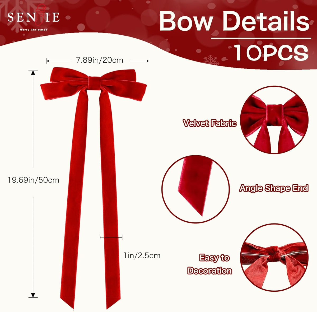 Senjie 10Pcs Large Velvet Christmas Tree Bows, 20in x 8in Premade Vintage Ribbon Tree Topper Bows Ornaments for Staircase Garland Wreath Holiday Home DIY Crafts Decorations, Red
