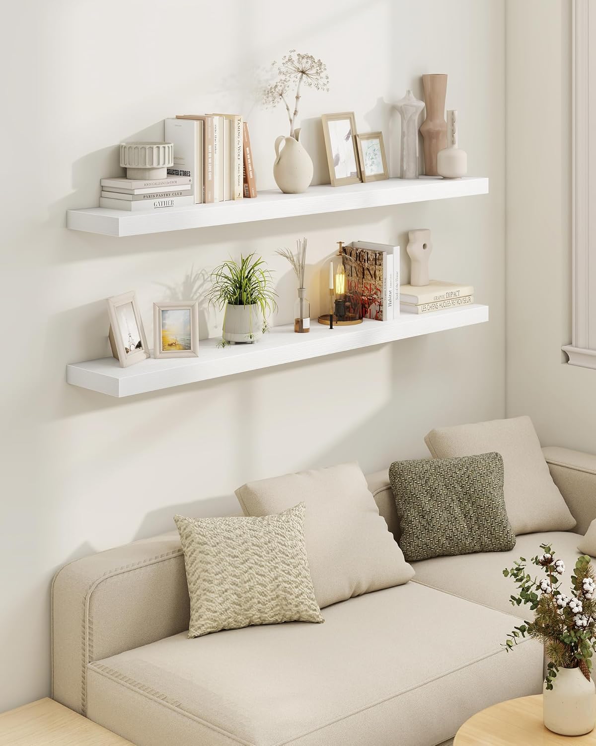 Marsmiles 16" Floating Shelves for Wall, Wooden Shelves with Invisible Brackets Set of 2, Rustic Farmhouse Wall Mounted Shelf for Kitchen Bathroom Living Room Study, White