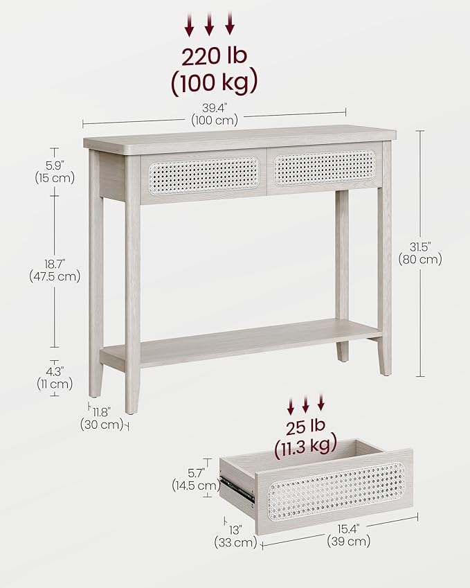 VASAGLE Console Table, Sofa Table, Narrow Entryway Table with 2 Drawers, Open Storage Shelf, Rounded Corners, for Living Room, Boho Style, Oatmeal Beige ULNT016K66