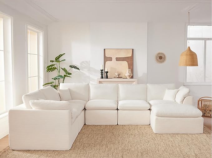 143" Cloud Sectional Couch, Boneless couches for Living Room, 7 Seater Large Modular Sectional Sofa with Deep Seat, Comfy Soft Cushions, No Assembly, Beige