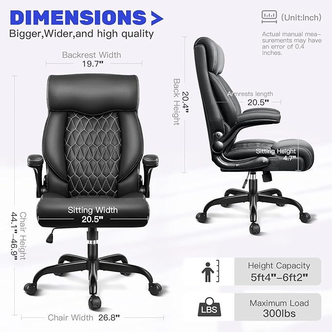 Office Chair, High Back Executive Office Chair Ergonomic Computer Desk Chair with Rocking Function, Leather Managerial with Adjustable Flip-Up Armrests and Lumbar Support