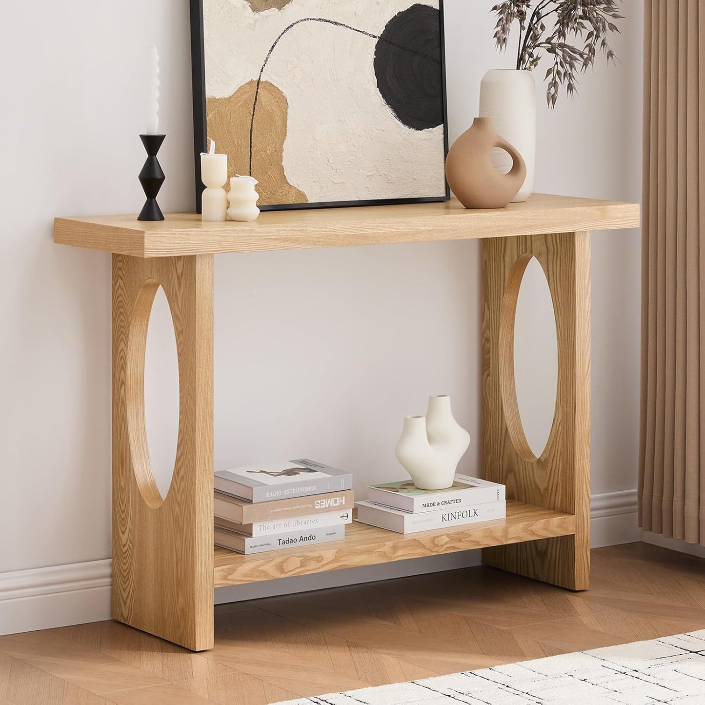 BECHAEO 47-Inch Farmhouse Narrow Console Table, 2'' Thickened Entryway Table with Solid Wood Veneer, 2-Tier Sofa Tables Behind Couch, Rectangle Hallway Tables for Living Room, Foyer Rustic Oak