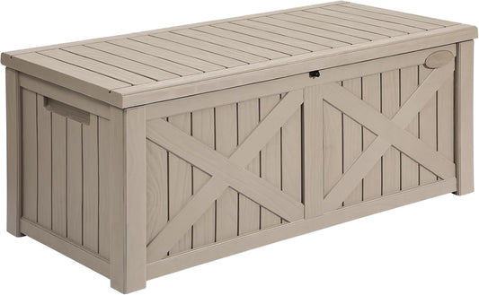 YITAHOME 120 Gallon Large Deck Box, Upgraded Resin Outdoor Storage Boxes w/Flexible Divider, Waterproof Cushion Storage Bench for Patio Furniture, Pool Supplies, Garden Tools - Lockable, Taupe