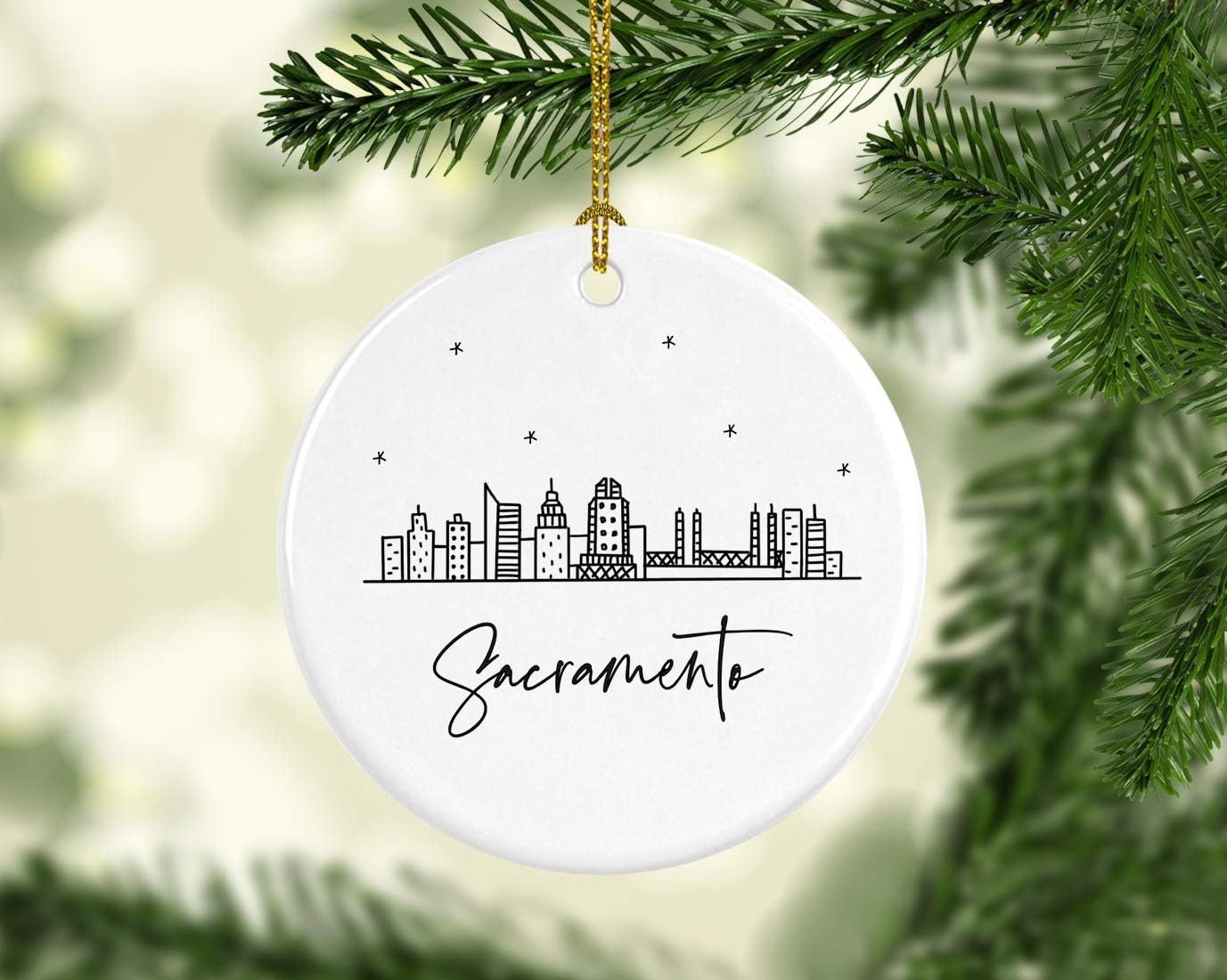 Andaz Press Round Ceramic Porcelain Christmas Tree Ornament Keepsake Gift, Sacramento, Black and White Stars City Skyline Graphic, 1-Pack, Birthday Ideas Family Coworker Him Her, Includes Gift Box