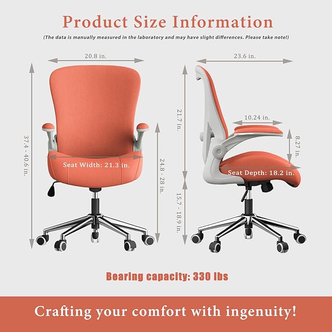 Orange Ergonomic Office Desk Chair, Soft Fabric Thickened Curved seat Cushion with Adjustable Lumbar Support, Perfect Blend of Comfort and Good Looks, Ideal Chair for Home or Office, Orange