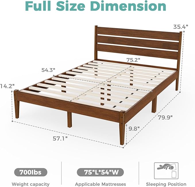 Full Bed Frame, Mid Century Platform Bed Frame with Ladder Headboard, Malaysian Oak Bedframe with Solid Wood Foundation, Noise-Free, Easy Installation, Full Size, Antique Espresso