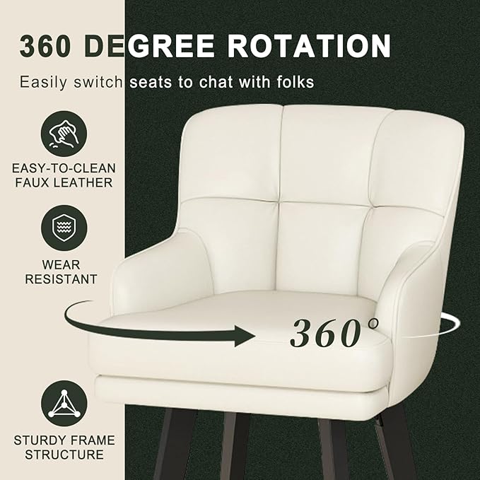 360°Swivel Counter Height Bar Stools with Back, 30 inch Solid Wood Legs, Bar Stool Modern Kitchen Island Chairs, Faux Leather (Beige- Faux Leather, 30" H- Set of 2)