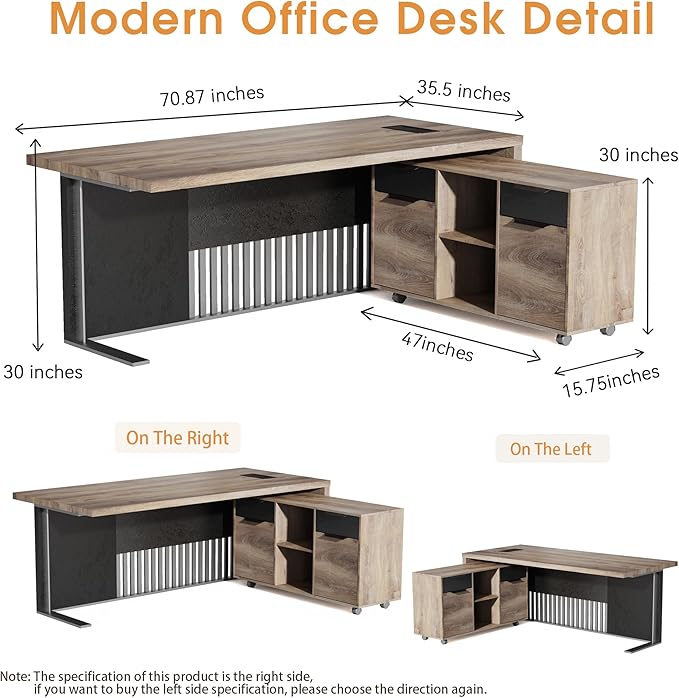 70.87 Inch L Shaped Executive Office Desk with 2 Drawers, Modern Home Office Desk with File Cabinet, Business Furniture w/Stand Under Desk Storage Organizer with 4 Wheels