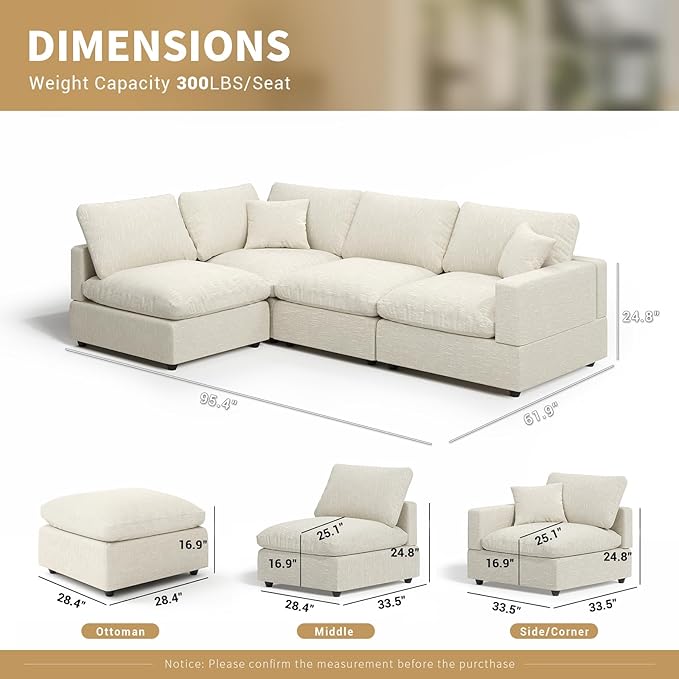 Modern Sectional Linen Couch for Living Room L-Shape Sofas,4 Seat Modular Cloud Sofas,Detachable Couch Cushion Covers,Cozy Feather Down Sofa for Apartment Beige