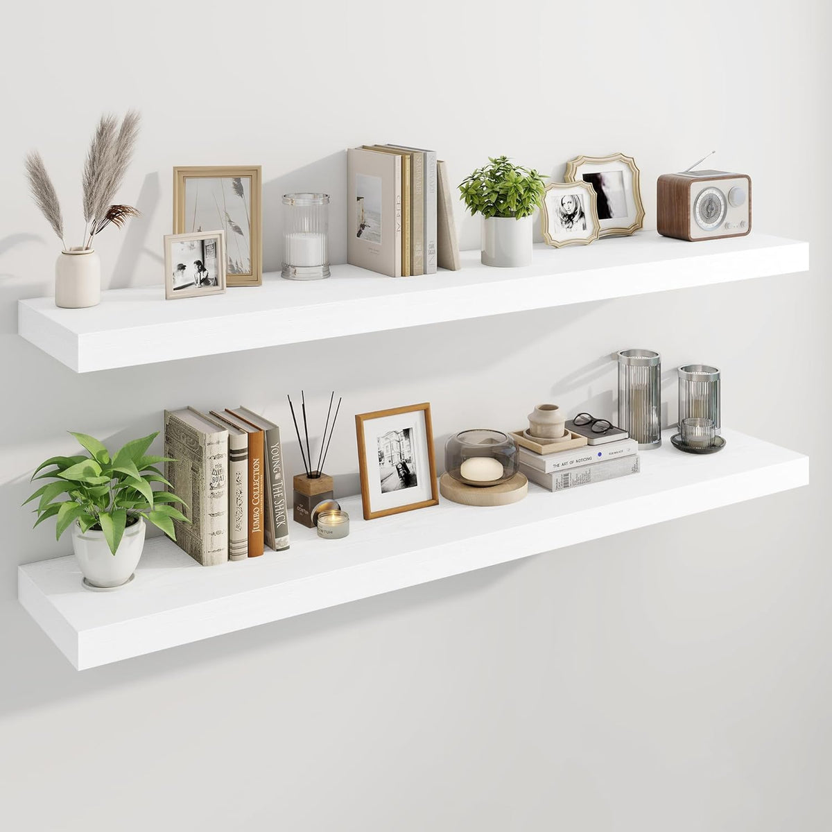 Marsmiles 55" Floating Shelves for Wall, Wooden Shelves with Invisible Brackets Set of 2, Rustic Farmhouse Wall Mounted Shelf for Kitchen Bathroom Living Room Study, White