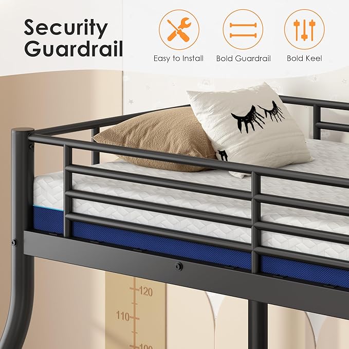 Bunk Beds Twin Over Full Size with 6'' Mattresses Included, Heavy Duty Metal Bunk Bed Frame with Angled Ladder for Teens and Adults, for Spaces-Saving, Smooth Rounded Edges, Black