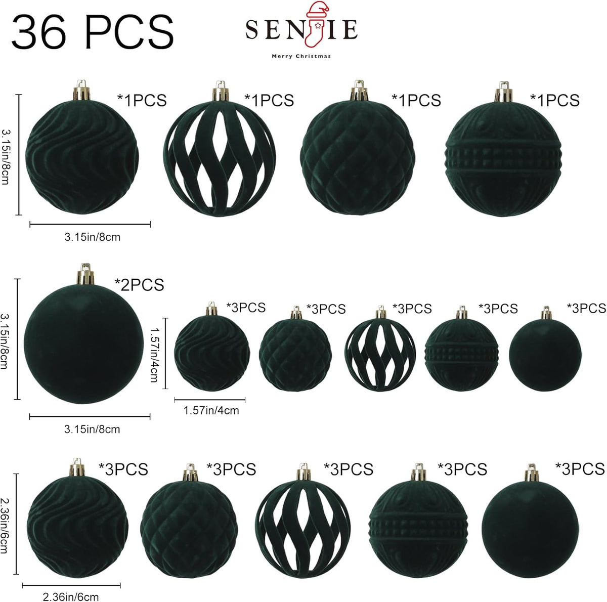 Senjie 2025 Velvet Christmas Ball Ornaments Sets 36pcs Flocked Christmas Ornaments Assortment Decor for Xmas Deep Green