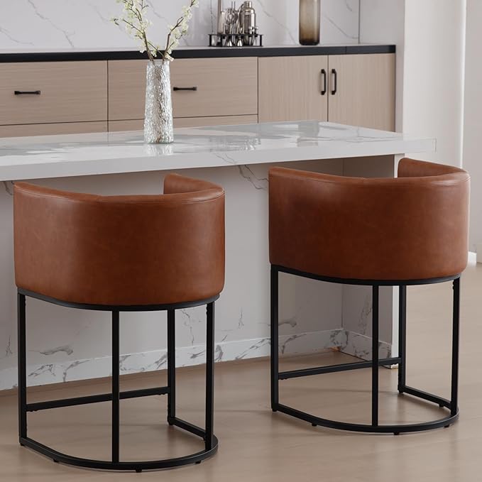 PU Leather Bar Stools Set of 2, Modern Upholstered Counter Height Bar stools 24" Leather Barstools Barrel Kitchen Counter Island Stools with Black Metal Base, Brown